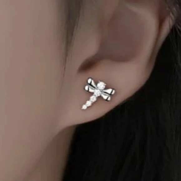 925 Sterling Silver Rhinestone Dragonfly Stud Earrings - Picture 2 of 4